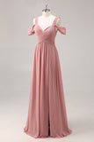 Dusty Rose Cold Shoulder Chiffon Ruched Long Bridesmaid Dress with Slit