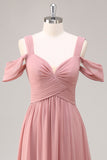 Dusty Rose Cold Shoulder Chiffon Ruched Long Bridesmaid Dress with Slit