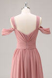 Dusty Rose Cold Shoulder Chiffon Ruched Long Bridesmaid Dress with Slit