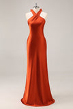 Rust Satin Halter Mermaid Long Bridesmaid Dress with Bow