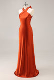Rust Satin Halter Mermaid Long Bridesmaid Dress with Bow