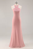 Blush Halter Mermaid Chiffon Long Bridesmaid Dress with Bow