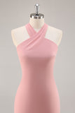 Blush Halter Mermaid Chiffon Long Bridesmaid Dress with Bow