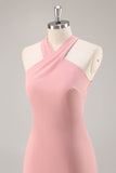 Blush Halter Mermaid Chiffon Long Bridesmaid Dress with Bow