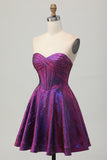 Metallic Dark Purple Strapless Corset Short Graduation Dress
