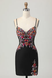 Black Bodycon Flower Spaghetti Straps Mini Graduation Dress