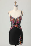 Sparkly Black Bodycon Floral Spaghetti Straps Mini Graduation Dress