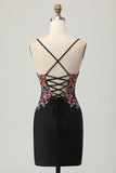 Sparkly Black Bodycon Floral Spaghetti Straps Mini Graduation Dress