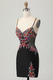 Black Bodycon Flower Spaghetti Straps Mini Graduation Dress