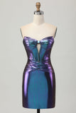 Metallic Blue Purple Strapless Cut Out Corset Tight Graduation Dress