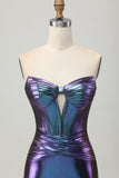 Metallic Blue Purple Strapless Cut Out Corset Tight Graduation Dress