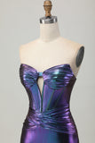 Metallic Blue Purple Strapless Cut Out Corset Tight Graduation Dress
