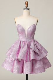 Light Purple A Line Strapless Lace Up Back Tiered Graduation Dress with Bow