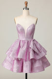 Light Purple A Line Strapless Lace Up Back Tiered Graduation Dress with Bow