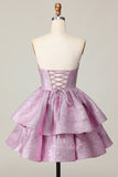 Glitter Light Purple A Line Strapless Tiered Graduation Dress with Bow