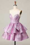 Light Purple A Line Strapless Lace Up Back Tiered Graduation Dress with Bow