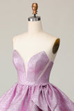 Light Purple A Line Strapless Lace Up Back Tiered Graduation Dress with Bow