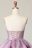 Light Purple A Line Strapless Lace Up Back Tiered Graduation Dress with Bow