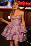 Glitter Light Purple A Line Strapless Tiered Graduation Dress with Bow