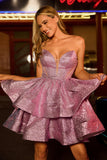Glitter Light Purple A Line Strapless Tiered Graduation Dress with Bow
