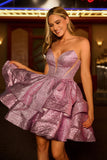 Glitter Light Purple A Line Strapless Tiered Graduation Dress with Bow