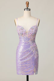 Sparkly Lilac Bodycon Corset Sequins Graduation Dress with 3D Flowers
