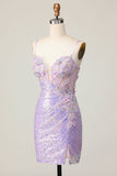 Sparkly Lilac Bodycon Corset Sequins Graduation Dress with 3D Flowers