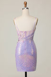 Sparkly Lilac Bodycon Corset Sequins Graduation Dress with 3D Flowers