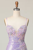 Sparkly Lilac Bodycon Corset Sequins Graduation Dress with 3D Flowers