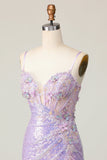 Sparkly Lilac Bodycon Corset Sequins Graduation Dress with 3D Flowers