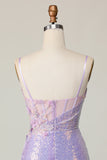 Sparkly Lilac Bodycon Corset Sequins Graduation Dress with 3D Flowers