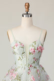 Sage Flower A-Line Corset Graduation Dress with Lace Up Back