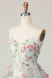 Sage Flower A-Line Corset Graduation Dress with Lace Up Back