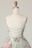 Sage Flower A-Line Corset Graduation Dress with Lace Up Back