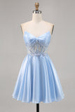 Light Blue Strapless A Line Short Graduation Dress with Sequins
