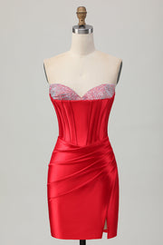Red Bodycon Strapless Beaded Corset Graduation Dress with Slit