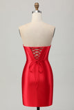 Strapless Red Bodycon Beaded Corset Graduation Dress with Slit
