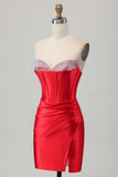 Red Bodycon Strapless Beaded Corset Graduation Dress with Slit