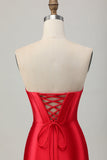 Red Bodycon Strapless Beaded Corset Graduation Dress with Slit