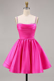 Fuchsia Satin A Line Short Graduation Dress with Beading
