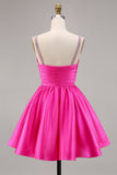 Fuchsia Satin A Line Short Graduation Dress with Beading