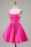 Fuchsia Satin A Line Short Graduation Dress with Beading