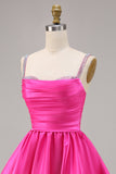 Fuchsia Satin A Line Short Graduation Dress with Beading