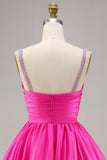 Fuchsia Satin A Line Short Graduation Dress with Beading