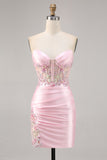 Candy Pink Satin Bodycon Short Corset Graduation Dress with Appliques