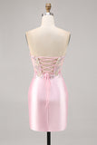 Candy Pink Satin Bodycon Short Corset Graduation Dress with Appliques