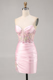 Candy Pink Satin Bodycon Short Corset Graduation Dress with Appliques