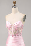 Candy Pink Satin Bodycon Short Corset Graduation Dress with Appliques