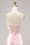 Candy Pink Satin Bodycon Short Corset Graduation Dress with Appliques