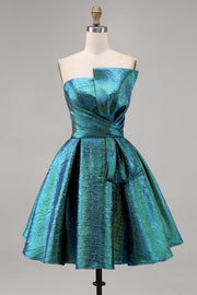 Metallic Ruched Peacock Green Strapless A Line Graduation Dress